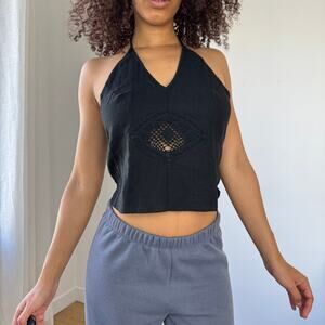 Vintage Italian Black Halter Top with Crochet Detail (Size S)